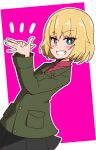  1girl ame_(amechan17391739) blonde_hair blue_eyes bright_pupils dog_shadow_puppet eyebrows_visible_through_hair girls_und_panzer grin highres katyusha_(girls_und_panzer) pravda_school_uniform school_uniform short_hair simple_background smile solo white_pupils 