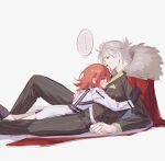  ... 1boy 1girl absurdres ahoge black_gloves cape coat coat_on_shoulders dress dress_pants fate/grand_order fate_(series) fomnant fujimaru_ritsuka_(female) fujimaru_ritsuka_(female)_(decisive_battle_chaldea_uniform) fur-trimmed_cape fur-trimmed_coat fur_trim gloves grey_hair half_updo highres jacket long_sleeves lying lying_on_person medium_hair on_back orange_eyes orange_hair pants pinstripe_jacket pinstripe_pants pinstripe_pattern pinstripe_suit red_coat short_hair speech_bubble suit takeda_shingen_(fate) takeda_shingen_(first_ascension)_(fate) white_dress white_jacket 
