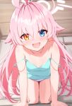  1girl :d ahoge akasaki_koyo all_fours alternate_costume aqua_camisole armpit_crease bare_arms bare_shoulders blue_archive blue_eyes blurry blush breasts breasts_apart camisole commentary depth_of_field eyes_visible_through_hair fang full_body hair_between_eyes hair_intakes halo happy heterochromia highres hoshino_(blue_archive) indoors long_hair looking_at_viewer open_mouth panties pink_hair pink_halo pov small_breasts smile solo straight-on strap_slip thighs underwear very_long_hair white_panties yellow_eyes 