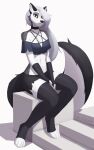  absurd_res anthro canid canid_demon clothing collar demon ear_piercing female fingerless_gloves fur gloves grey_body grey_fur grey_hair hair handwear hellhound helluva_boss hi_res kunstwaffe legwear loona_(helluva_boss) mammal piercing solo thigh_highs 