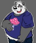  2022 anthro black_body black_nose bottomwear clothing facial_piercing giant_panda hi_res humanoid_hands jakegr kanon male mammal nose_piercing nose_ring one_eye_closed overweight overweight_male pants piercing shirt simple_background solo topwear ursid white_body wink 