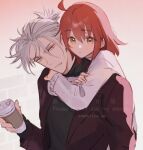  1boy 1girl ahoge alternate_costume arms_around_neck black_shirt cup disposable_cup fate/grand_order fate_(series) fomnant fujimaru_ritsuka_(female) grey_eyes grey_hair half_updo highres holding jacket looking_at_viewer medium_hair orange_hair red_jacket shirt short_hair sweater takeda_shingen_(fate) white_sweater yellow_eyes 