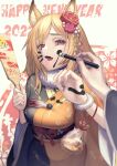 1girl 2022 alternate_costume animal_ears arknights black_kimono blonde_hair breasts ceobe_(arknights) cowboy_shot dog_ears facepaint fang floral_background floral_print flower fur_collar hagoita hair_flower hair_ornament hane_(hanetsuki) hanetsuki happy_new_year highres holding holding_paddle japanese_clothes kimono large_breasts long_hair long_sleeves looking_at_viewer new_year obi open_mouth orange_kimono paddle pov print_kimono red_eyes red_flower sash shy_(shy_06) solo_focus two-tone_kimono wide_sleeves 