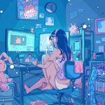  1girl bandaid bandaid_on_arm bandaid_on_leg bare_shoulders barefoot bedroom black_hair blue_theme book camisole clock commentary computer computer_tower cup desk drawer drinking drinking_glass drinking_straw from_behind full_body headphones holding holding_cup indoors keyboard_(computer) knee_up limited_palette long_hair monitor nathuo101102 nintendo_switch on_chair original panties picture_(object) pink_camisole poster_(object) sitting slippers slippers_removed solo stuffed_animal stuffed_bunny stuffed_toy underwear wall_clock white_panties 