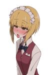  1girl ame_(amechan17391739) blonde_hair blush bow bowtie cutlass_(girls_und_panzer) eyebrows_visible_through_hair girls_und_panzer highres maid_headdress short_hair solo tongue tongue_out upper_body vest white_background yellow_eyes 