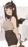  1girl :d armpit_crease beige_shirt black_hair black_skirt blurry blurry_background blush breasts cowboy_shot demon_horns demon_tail demon_wings earrings fake_horns fang flying_sweatdrops halloween high-waist_skirt highres holding holding_lantern horned_headwear horns id_card jack-o&#039;-lantern jewelry lantern large_breasts letterboxed looking_at_viewer miniskirt nail_polish office_lady ol-chan_(ol_mahonanoka) ol_mahonanoka original outside_border pumpkin shirt skindentation skirt sleeveless sleeveless_shirt smile solo straight_hair tail wings 