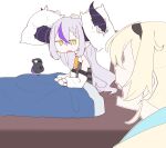  2girls bed bird blonde_hair crow crow_(la+_darknesss) detached_sleeves grey_hair highres hololive horns impaled kazama_iroha la+_darknesss long_hair multiple_girls pillow pointy_ears virtual_youtuber waking_up yellow_eyes 