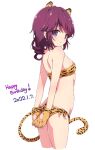  1girl animal_ears animal_hands animal_print ass bikini breasts commentary_request dated from_behind gloves happy_birthday highres looking_at_viewer machikado_mazoku mel_(melty_pot) paw_gloves print_bikini purple_eyes purple_hair simple_background small_breasts solo swimsuit tail tiger_ears tiger_print tiger_tail white_background yellow_bikini yellow_gloves yoshida_ryouko 