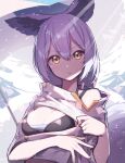  1girl absurdres animal_ears arknights bangs beudelb bikini black_bikini breasts cleavage commentary eyebrows_visible_through_hair fang fang_out hair_between_eyes highres looking_at_viewer medium_breasts provence_(arknights) provence_(casual_vacation)_(arknights) purple_hair short_hair short_sleeves skin_fang solo swimsuit upper_body wolf_ears yellow_eyes 