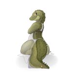  2022 absurd_res alligator alligatorid anthro clothed clothing crocodilian female green_body hi_res looking_at_viewer looking_back looking_back_at_viewer louart reptile scalie simple_background sitting smile solo white_background 