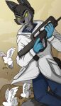 anthro assault_rifle avian bent_legs big_ears big_tail bird black_body black_fur blue_bottomwear blue_clothing blue_gloves blue_handwear blue_pants blue_shirt blue_topwear bottomwear canid canine canis cheek_tuft chicken clothing cloud coat desert eyebrows facial_tuft famas feral fluffy fluffy_tail flying fur galliform gallus_(genus) gloves grey_body grey_fur gun hachimakiyaki handwear head_tuft hi_res hill hybrid janusz lab_coat magazine_(gun) male mammal markings medical_gloves mouth_closed neck_tuft outside pants phasianid ranged_weapon rifle running shirt smug smug_expression solo standing sunset tail tail_markings topwear trigger_discipline tuft undershirt weapon white_clothing wolf wolfdog yellow_eyes