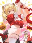  2girls anby_demara bangboo_(zenless_zone_zero) black_skirt blonde_hair breasts burger burnice_white eating food highres holding holding_burger holding_food ketchup ketchup_bottle malho multiple_girls one_eye_closed orange_eyes pleated_skirt red_eyes short_twintails skirt tongue twintails underboob white_hair zenless_zone_zero 