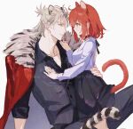  1boy 1girl alternate_costume animal_ears bell cat_boy cat_ears cat_girl cat_tail coat coat_on_shoulders fate/grand_order fate_(series) fomnant fujimaru_ritsuka_(female) fur-trimmed_coat fur_trim grey_eyes grey_hair jacket long_sleeves neck_bell pinstripe_jacket pinstripe_pattern pleated_skirt red_coat shirt skirt tail takeda_shingen_(fate) takeda_shingen_(first_ascension)_(fate) 