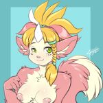  areola blonde_hair braided_hair breasts chalo female fluffy green_eyes hair horn humanoid hybrid looking_at_viewer nipples smile smiling_at_viewer solo 