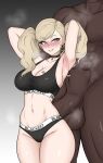  1boy 1girl absurdres armpits arms_up black_choker black_panties black_sports_bra blacked_(phrase) blonde_hair blue_eyes blush breast_tattoo breasts choker cleavage commission commissioner_upload cowboy_shot dark-skinned_male dark_skin daruko536 earrings english_text gradient_background grey_background grin heart heart-shaped_pupils hetero highres hoop_earrings huge_penis interracial jewelry large_breasts large_variant_set long_hair navel panties penis persona persona_5 queen_of_spades_symbol smile spade_(shape) spade_tattoo speech_bubble sports_bra stomach symbol-shaped_pupils takamaki_anne tattoo testicles textless_version twintails underwear variant_set very_dark_skin 