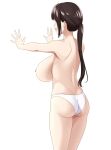  1girl absurdres ass breasts brown_hair commentary_request from_behind highres large_breasts long_hair marui_koishi nipples original panties ponytail sideboob simple_background solo topless underwear white_background white_panties 