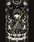 1other absurdres artist_name black_skin bug butterfly card_(medium) colored_skin death_(tarot) dress english_commentary english_text full_body highres holding holding_polearm holding_weapon hollow_eyes hollow_knight hollow_knight:_silksong laserlazuli mask phantom_(hollow_knight) pillarboxed pin_(hollow_knight) polearm silk solo spider_web spot_color tarot tarot_(medium) weapon 