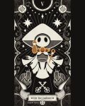  1boy absurdres arthropod_boy artist_name black_eyes black_skin cape card_(medium) cloak colored_skin english_commentary english_text facing_viewer full_body greyscale hat highres holding holding_instrument hollow_eyes hollow_knight hollow_knight:_silksong instrument key laserlazuli looking_at_another mask monochrome pillarboxed sherma_(hollow_knight) silk spider_web spot_color tarot tarot_(medium) the_fool_(tarot) worm 