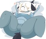  2022 :&lt; absurd_res anthro artist_name big_breasts black_ears black_nose black_tail blue_bottomwear blue_clothing blue_hoodie blue_pants blue_topwear bone bottomwear breasts bulge canid canine canis chubby_anthro chubby_female clothed clothing cross-popping_vein digital_media_(artwork) domestic_dog female floppy_ears front_view fur hair hair_over_eye half-closed_eyes hi_res hoodie looking_aside lying mammal narrowed_eyes nekokoneku on_back one_eye_obstructed pants pillow portrait puppychan simple_background solo spread_legs spreading tail_tuft three-quarter_portrait topwear tuft white_body white_fur 