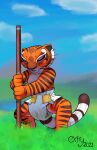  absurd_res anthro bodily_fluids diaper dreamworks extry eyes_closed felid female field genital_fluids grass hi_res holding_object holding_staff kung_fu_panda mammal master_tigress pantherine plant shirtless solo staff tiger urine wet_diaper wetting 