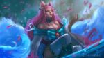  1girl ahri_(league_of_legends) animal_ears bangs bare_shoulders bell blurry blurry_background bracelet breasts cleavage facial_mark fox_ears fox_tail hair_bell hair_between_eyes hair_ornament hand_up highres japanese_clothes jewelry kimono large_breasts league_of_legends lefthandchi long_hair multiple_tails off_shoulder official_alternate_costume parted_lips petals pink_hair red_lips smile solo spirit_blossom_ahri tail teeth thighhighs vastaya whisker_markings 