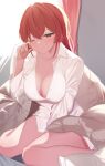  1girl absurdres bangs bed_sheet blush breasts cleavage closed_mouth collarbone collared_shirt curtains hair_down hand_up highres hololive houshou_marine large_breasts long_sleeves nannann no_pants one_eye_closed pillow red_eyes red_hair rubbing_eyes shirt sitting sleepy solo thighs virtual_youtuber waking_up wariza white_shirt 
