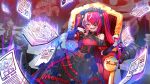  1girl :d absurdres ahoge bare_shoulders black_dress black_headdress book brooch character_name chess_piece chessboard commentary cup cupping_glass dress drinking_glass english_commentary eyepatch fangs fingernails flat_chest floating floating_book floating_object frilled_dress frills highres hololive hololive_indonesia jewelry kghazir kureiji_ollie kureiji_ollie_(scarlet_moonlight_embrace) long_fingernails long_hair looking_at_viewer multicolored_hair nail_polish off-shoulder_dress off_shoulder official_alternate_costume one_eye_covered open_mouth red_hair red_nails ribs sitting skeleton smile solo stitched_face stitches stuffed_toy throne twintails udin_(kureiji_ollie) virtual_youtuber white_hair wine_glass x_x 