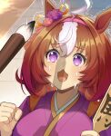  1girl @_@ ahoge alternate_costume animal_ears breasts brush commentary_request hagoita hair_ornament highres horse_ears horse_girl japanese_clothes katwo kimono large_breasts medium_hair meisho_doto_(umamusume) open_mouth paddle portrait shadow solo_focus sweat sweating_profusely tears umamusume 