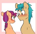  blue_eyes blush braided_hair braided_ponytail brown_eyes chub-wub doodle-mark doodlemark duo earth_pony equid equine female hair hasbro hitch_trailblazer_(mlp) horse male mammal mlp_g5 my_little_pony pony size_difference sunny_starscout_(mlp) turquoise_hair 