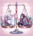  1boy 1girl :d absurdres balance_scale bandages bandages_over_mouth black_hair blue_eyes breasts cabbage_p cleavage commentary_request covered_mouth demon_slayer_uniform flower green_eyes green_hair green_thighhighs hair_between_eyes haori heterochromia highres iguro_obanai japanese_clothes kanroji_mitsuri kimetsu_no_yaiba long_hair looking_at_another mole mole_under_eye open_mouth pink_hair simple_background smile snake thighhighs twitter_username v weighing_scale yellow_eyes 