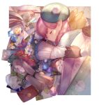  1girl 1other :o apple bag bangs blanket bow braid braided_ponytail bunny closed_eyes commentary_request crystal day eyebrows_visible_through_hair final_fantasy final_fantasy_xiv food fruit glint green_bow hat highres lalafell long_hair lying mail parted_lips photo_(object) pink_hair pointy_ears quill scroll sleeping sunlight tsunakawa upper_body vial 