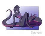  absurd_res anthro bestbake biped female flat_chested hi_res knees_pulled_up leaning leaning_back looking_at_viewer nintendo pok&eacute;mon pok&eacute;mon_(species) purple_body purple_eyes salazzle scalie simple_background sitting solo thick_tail video_games 