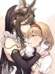  2girls animal_ears black_dress blonde_hair blue_hair breast_press breasts brown_eyes brown_hair cheek_press closed_eyes detached_sleeves djeeta_(granblue_fantasy) dress extra_ears eyebrows_visible_through_hair frilled_sleeves frills galleon_(granblue_fantasy) gloves granblue_fantasy hairband highres horns hug kiss kissing_forehead large_breasts long_hair looking_up matsukawa_(pale_scarlet) multicolored_hair multiple_girls pink_hairband pointy_ears short_hair simple_background sleeveless sleeveless_dress white_gloves 