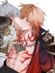  2boys abs antenna_hair arm_tattoo armlet armor black_coat black_shirt blonde_hair blush braid chest_tattoo clawed_gauntlets closed_eyes coat commentary earrings english_commentary facial_tattoo gold_earrings gold_necklace gradient_hair highres honkai:_star_rail honkai_(series) jewelry kiss male_focus medium_hair multicolored_hair multiple_boys mydei_(honkai:_star_rail) necklace open_clothes open_coat pauldrons phainon_(honkai:_star_rail) red_hair red_tattoo shirt short_hair shoulder_armor side_braid simple_background single_pauldron ssuenn tattoo toned toned_male white_background white_coat white_hair yaoi 