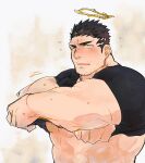  1boy abs bara black_hair black_shirt blush clothes_lift embarrassed facial_hair halo highres lifted_by_self looking_at_viewer looking_away male_focus mature_male muscular muscular_male pectorals po_fu shirt shirt_lift short_hair sideburns solo stomach stubble sweat sweatdrop tokyo_afterschool_summoners underpec upper_body zabaniya_(housamo) 