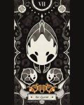  absurdres artist_name baby_animal beastling_(hollow_knight) bell_beast_(hollow_knight) bug card_(medium) curled_up english_commentary english_text full_body highres hollow_knight hollow_knight:_silksong laserlazuli mask monochrome multiple_legs no_humans pillarboxed silk solo spider_web spot_color tarot tarot_(medium) the_chariot_(tarot) 