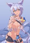  1girl :o absurdres animal_ears arknights bangs bikini bikini_lift black_bikini black_shorts blue_background blue_bikini blue_gloves blush breasts breasts_outside clothes_lift clothes_pull collared_shirt commission cowboy_shot fingerless_gloves gloves gradient gradient_background highres large_tail lifted_by_self looking_at_viewer mismatched_bikini navel nipple_slip nipples nose_blush off_shoulder official_alternate_costume open_mouth provence_(arknights) provence_(casual_vacation)_(arknights) pulled_by_self purple_hair sajimaririri shirt short_hair shorts shorts_pull single_bare_shoulder single_glove skeb_commission solo stomach swimsuit tail tan undressing wet wolf_ears wolf_girl wolf_tail wristband yellow_eyes 