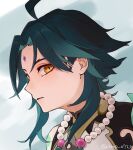  1boy ahoge artist_name bishounen black_hair drop_0720 genshin_impact green_hair highres jewelry looking_at_viewer male_focus multicolored_hair necklace pearl_necklace short_hair simple_background solo streaked_hair upper_body xiao_(genshin_impact) yellow_eyes 
