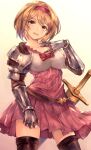  1girl absurdres armor bangs belt blonde_hair breasts brown_hair brown_legwear collarbone cowboy_shot djeeta_(granblue_fantasy) dress gauntlets granblue_fantasy hairband highres looking_at_viewer medium_breasts monogrbl open_mouth pink_dress pink_hairband scabbard sheath sheathed short_hair shoulder_armor smile solo sword thighhighs weapon white_background 