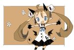  1girl :d @_@ ahoge animal_ears armpits bangs bare_arms bare_shoulders black_choker black_gloves black_legwear black_skirt black_wings blue_bow blue_eyes blush_stickers border bow brown_background brown_hair cat_ears choker contrapposto cowboy_shot demon_wings fang fingerless_gloves floating_hair flower_(symbol) gloves hair_between_eyes hair_ornament happy long_hair looking_at_viewer low_wings mini_wings miniskirt no_nose open_mouth original outside_border outstretched_arms pleated_skirt pointy_ears shirt skirt skull_hair_ornament sleeveless sleeveless_shirt smile solo spread_arms tan_background thighhighs twintails very_long_hair white_border white_shirt wings yukihi zettai_ryouiki 