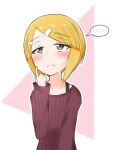  1girl absurdres alternate_hairstyle ame_(amechan17391739) blonde_hair cutlass_(girls_und_panzer) frown girls_und_panzer hair_ornament hairclip highres short_hair simple_background solo spoken_blush sweater turtleneck turtleneck_sweater yellow_eyes 