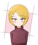  1girl alternate_hairstyle ame_(amechan17391739) blonde_hair cutlass_(girls_und_panzer) frown girls_und_panzer hair_ornament hairclip highres short_hair simple_background solo sweater turtleneck turtleneck_sweater yellow_eyes 