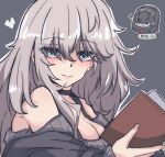  2girls alternate_hair_length alternate_hairstyle anastasia_(idolmaster) black_hair black_jacket blue_eyes blush book breasts chibi chibi_inset cleavage closed_mouth commentary_request eyes_visible_through_hair grey_background grey_hair grey_hairband hair_between_eyes hair_over_one_eye hairband heart holding holding_book idolmaster idolmaster_cinderella_girls jacket kawamochi_(kawauti919) looking_at_viewer medium_breasts multiple_girls off_shoulder open_book sagisawa_fumika simple_background smile solo_focus sparkle translation_request upper_body 