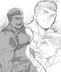  1boy bara blush bodysuit chest_harness expressions facial_hair flaming_halo from_side greyscale harness large_pectorals male_focus mature_male monochrome multiple_views muscular muscular_male pectoral_lift pectorals po_fu short_hair sideburns sketch skin_tight stubble tokyo_afterschool_summoners underbust zabaniya_(housamo) 