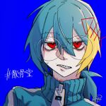  1boy blonde_hair blue_background blue_hair blue_jacket borrowed_character clenched_teeth fish_skeleton fish_skeleton_hair_ornament glasses half-closed_eyes hashtag-only_commentary highres jacket male_focus multicolored_hair original portrait red_eyes round_eyewear sharp_teeth short_hair signature simple_background solo stitched_neck stitches teeth tnkmrcap translation_request 