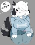  2022 absurd_res anthro artist_name big_breasts black_ears black_nose black_tail blue_bottomwear blue_clothing blue_hoodie blue_pants blue_topwear blush bone bottomwear breasts canid canine canis clothed clothing compliment digital_media_(artwork) domestic_dog embarrassed female fist floppy_ears front_view fur grey_background hair hi_res hoodie leaning mammal panties pants pink_clothing pink_panties pink_underwear portrait puffed_cheeks puppychan shawn_m short_hair simple_background solo speech_bubble tail_motion tailwag text three-quarter_portrait topwear tsundere underwear visible_underwear wavy_mouth white_body white_fur white_hair 