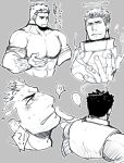  !? 1boy bara blush bodysuit collage covered_abs cropped_torso facial_hair finger_to_another&#039;s_mouth flaming_halo greyscale large_pectorals male_focus mature_male monochrome multiple_views muscular muscular_male pectorals po_fu short_hair sideburns skin_tight stubble tokyo_afterschool_summoners translation_request zabaniya_(housamo) 