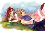  1boy 1girl aerith_gainsborough artist_name bandaged_arm bandages bangle bare_shoulders black_pants blonde_hair blue_eyes blue_shirt blush boots bracelet braid braided_ponytail breasts brown_boots choker cleavage closed_mouth cloud_strife couple final_fantasy final_fantasy_vii final_fantasy_vii_rebirth final_fantasy_vii_remake flower_choker green_eyes hair_ribbon head_on_hand hetero jewelry kurohyn long_hair long_skirt materia medium_breasts pants parted_bangs pink_ribbon pink_skirt ribbon shirt short_hair sidelocks single_braid skirt sleeveless sleeveless_turtleneck smile spiked_hair turtleneck 