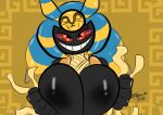  2022 anthro big_breasts blue_body breasts clothing cofagrigus detailed detailed_background egyptian egyptian_clothing fak&eacute;mon female fusion glistening glistening_body glistening_breasts holding_breast light lighting medicham mummy mummy_wrappings nintendo pok&eacute;mon pok&eacute;mon_(species) pok&eacute;mon_fusion pokesiimii presenting red_eyes ruined_clothing smile thick_thighs undead video_games yellow_body 
