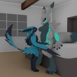 3d_(artwork) anthro avali bandai_namco bed belly black_body black_claws black_feathers black_sclera black_scutes black_wings blender_(artwork) blender_cycles blue_body blue_feathers blue_wings breasts claws digimon digimon_(species) digital_media_(artwork) dipstick_ears dipstick_tail duo ear_markings eili_(k'braid) facial_markings feather_markings feathered_chest feathered_tail feathered_wings feathers feet female female/female forearm_markings forehead_markings fur fur_markings furniture green_belly green_body green_breasts green_chest green_ear_tips green_feet green_fur green_legs green_markings green_pawpads green_tail_tip grey_back grey_body grey_eyes grey_fur grey_head grey_tail grey_thighs head_markings hi_res holding_both_legs holding_both_thighs k'braid leg_markings markings multicolored_ears no_sclera on_bed pawpads purple_claws renamon scutes sitting sitting_on_bed tail tail_markings thigh_markings window wings yellow_eyes yellow_markings
